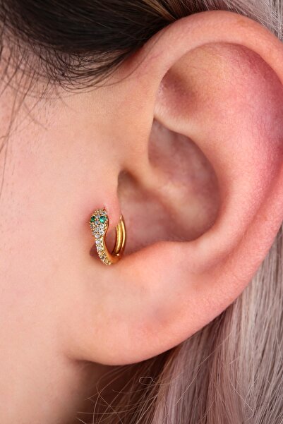 Vilma Aksesuar Cerrahi Çelik Taşlı Yılan Tragus - Helix Halka Piercing (6mm) Gold Renk