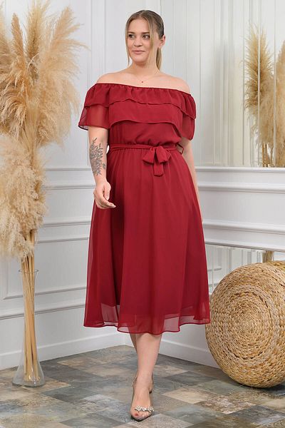 Neşeli Butik Rochie din șifon de mărime mare, cu centură burgundă, pentru femei Nb8061