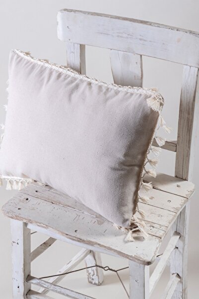 vivamaison Tekli Özel Tasarım Bej Pamuk Ponponlu Kırlent Yastık Kılıfı 35x55 Cm