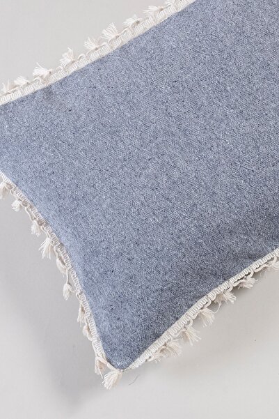 vivamaison Tekli Özel Tasarım Lacivert Pamuk Ponponlu Kırlent Yastık Kılıfı 35x55 Cm