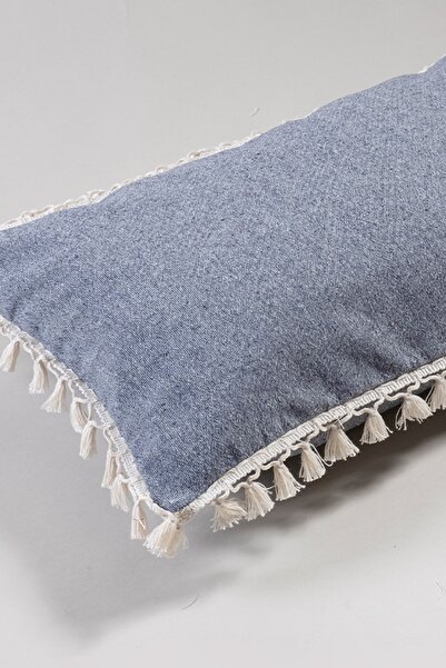 vivamaison Tekli Özel Tasarım Lacivert Pamuk Ponponlu Kırlent Yastık Kılıfı 35x55 Cm