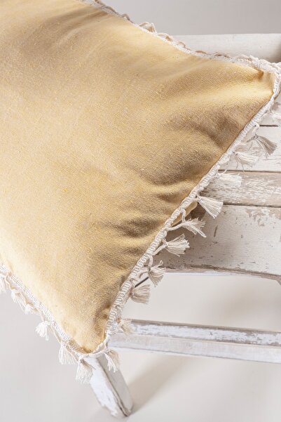 vivamaison Tekli Özel Tasarım Sarı Pamuk Ponponlu Kırlent Yastık Kılıfı 35x55 Cm