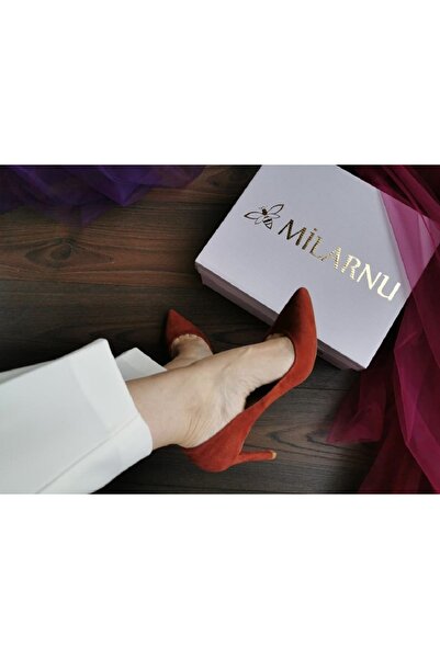 MİLARNU Kadın Kiremit Süet Gerçek Deri Çok Rahat Kalıp Stiletto