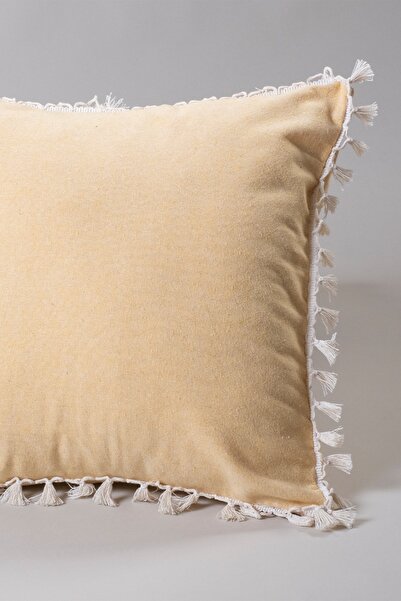 vivamaison Tekli Özel Tasarım Sarı Pamuk Ponponlu Kırlent Yastık Kılıfı 43x43 Cm