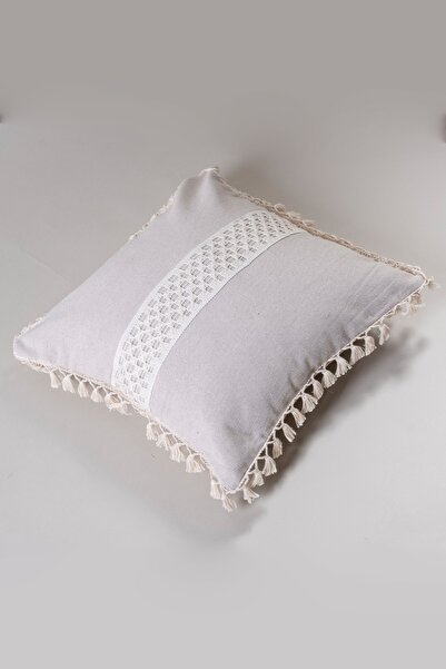 vivamaison Tekli Özel Tasarım Bej Pamuk Ortası Dantelli Ponponlu Kırlent Yastık Kılıfı 43x43 Cm