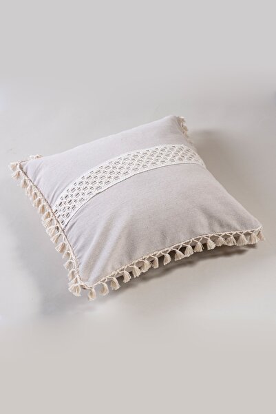 vivamaison Tekli Özel Tasarım Bej Pamuk Ortası Dantelli Ponponlu Kırlent Yastık Kılıfı 43x43 Cm