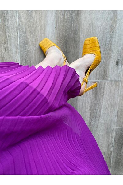 MİLARNU Krokodil Hardal Topuklu Gerçek Deri Ayakkabı