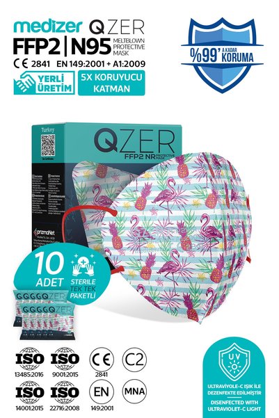 Medizer Qzer Tropikal Flamingo Desenli N95 Maske 5 Katmanlı 10 Adet