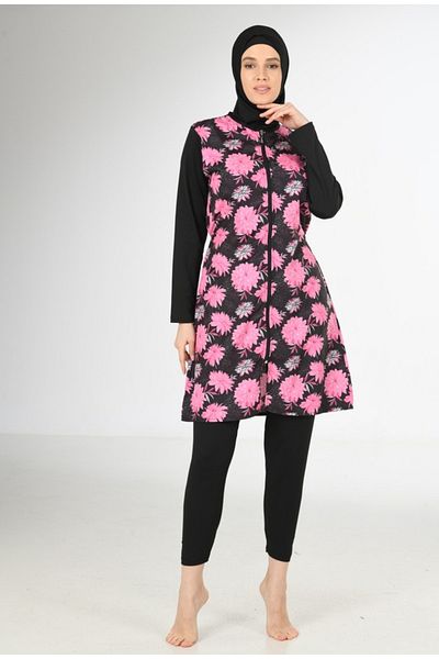 Fantasy 3209 Floral Patterned Parachute-lycra Hijab Swimsuit Black