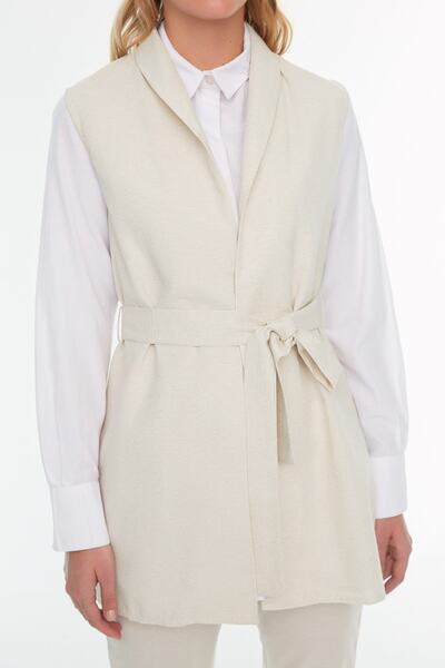 Trendyol Modest Bézs vászon megjelenés, öves mellény nadrág, szőtt öltöny TCTSS22US00003