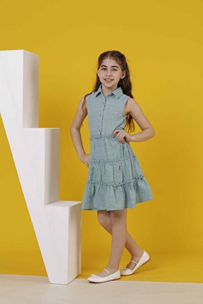 Smile Kids فستان بناتي بسيط وأنيق ومريح بأكمام صفر وياقة بأزرار