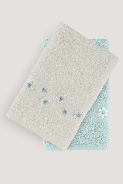 Arliva Home Papatya Nakıslı Bordürü Sımlı 2lı Havlu Setı Ekru mınt 30x50