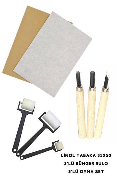 Ümraniye Hobi Sanat Linol Plate Linol Oilcloth Plate 2.5 Mm 35x50 Cm 3-Piece Sponge Rolo Roller 3-Piece Carved Set