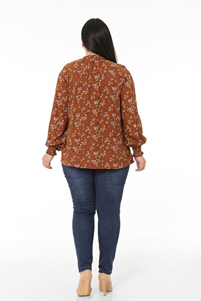 DISENTIS MODEST Plus Size Ruffled Drop Collar Sleeve Mouth Gipped Small Floral Brown Blouse