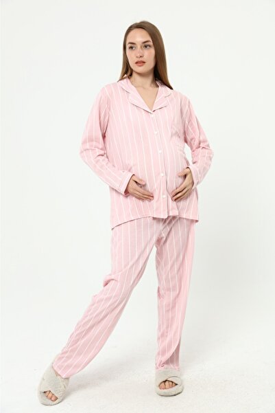 Nehir tekstil طقم بيجامة للحوامل من القطن الممشط بأزرار أمامية مقاس كبير