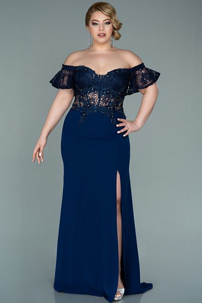 Abiyefon Navy Blue Lace Plus Size Evening Dress - Boat Neck and Back Low Cut, Long Abu2248