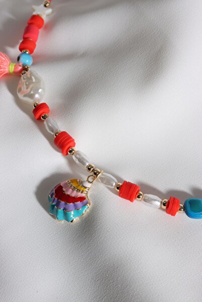 Genel Markalar Kırmızı Renkli Inci Detay Deniz Kabuğu Uçlu Boncuk Kolye