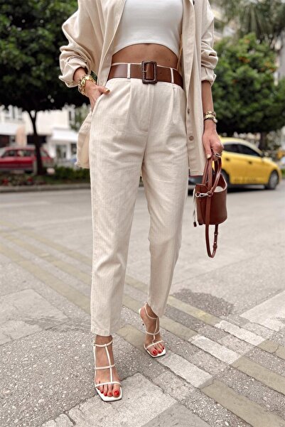Suziş Kadın Ham Keten Kemerli Pantolon