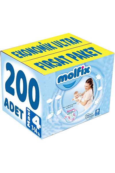 Molfix Baby Diaper Size:4 (7-14kg) Maxi 200 Pieces Economic Ultra Opportunity Package