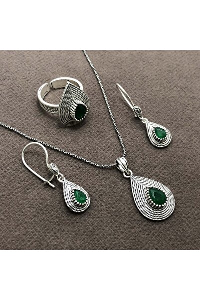 Midyat Nurtaş Gümüş Damla Model Zümrüt Taşlı Gümüş Bayan Hasır Üçlü Set