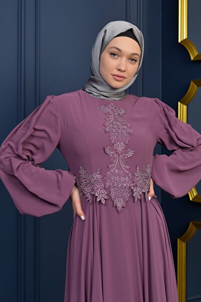 poplinmoda Güpürlü Şifon Tesettür Abiye 3019 Lila