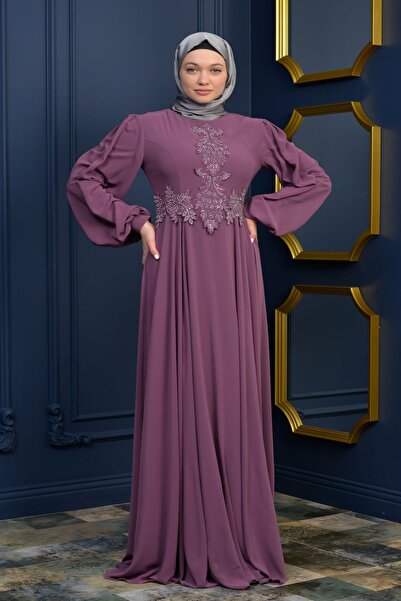 poplinmoda Güpürlü Şifon Tesettür Abiye 3019 Lila