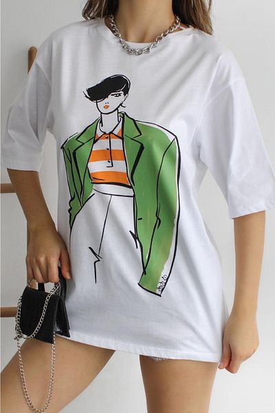 FEMELLE Tricou alb din bumbac imprimat pentru femei
