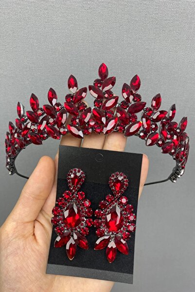 LÜX Tasarım Bordo Subra Model Bridal Henna Crown and Earrings