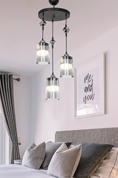 glorıa Ceylan 3lü Siyah Optik Füme Camlı Avize