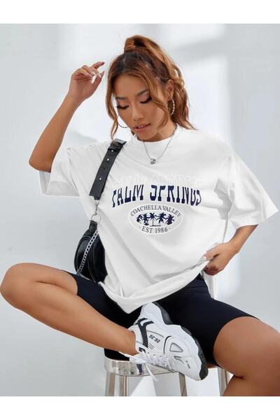 My Blog Tricou de damă oversize cu imprimeu Palm Springs alb