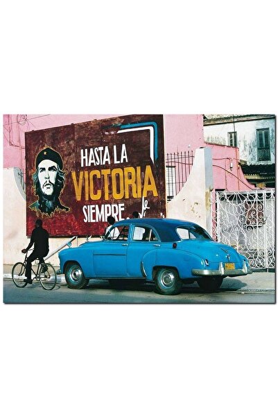 Cakatablo Küba'da Che Guevara Duvar Boyama Ve Mavi Klasik Araba (35x50 Cm Boyut)
