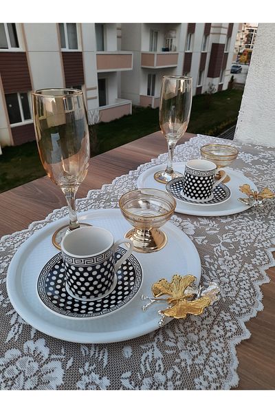 süslühome White 2-Piece Round Decorative Stylish Tea Coffee Presentation Tray with Butterfly Accessories