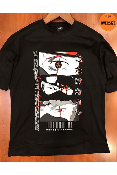 Orijin Tekstil Naruto Kakashi Hatake Mangekyou Sharingan Printed Oversize Black Tshirt