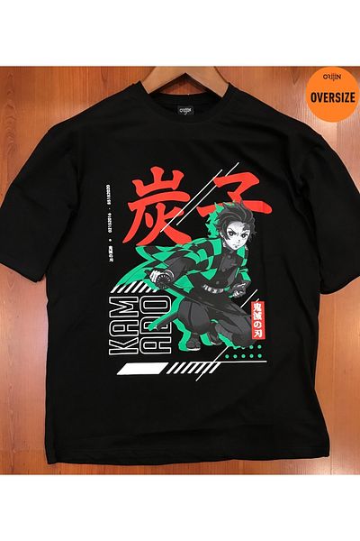 Orijin Tekstil Demon Slayer Tanjiro Kamado Front Back Printed Oversize Black Tshirt