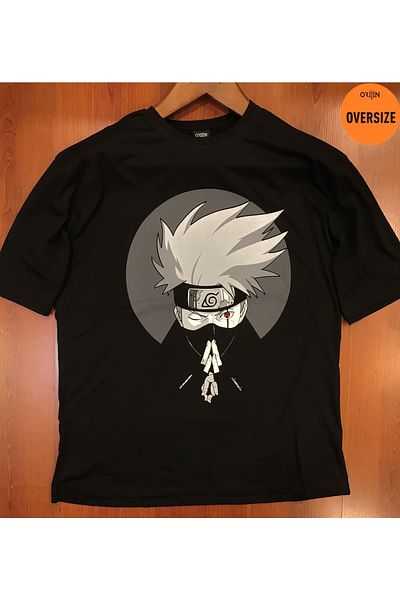 Orijin Tekstil Naruto Kakashi Hatake Printed Oversize Black Tshirt