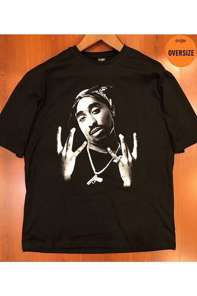 Orijin Tekstil 2Pac Tupac Printed Oversize Black Tshirt