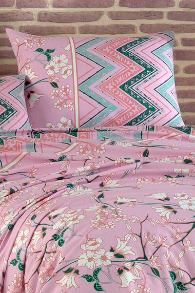 Evlen Home Collection Double Sheet Set 100% Cotton Patterned Logan Dark Powder