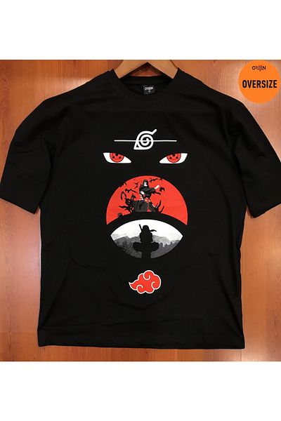 Orijin Tekstil Naruto Itachi Uchiha Sasuke Printed Oversize Black Tshirt
