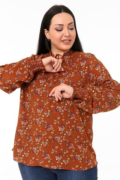 DISENTIS MODEST Plus Size Ruffled Drop Collar Sleeve Mouth Gipped Small Floral Brown Blouse