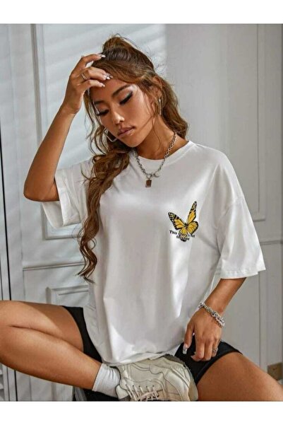 SAVO GİYİM Yellow Butterfly Printed Oversize Women's White T-shirt