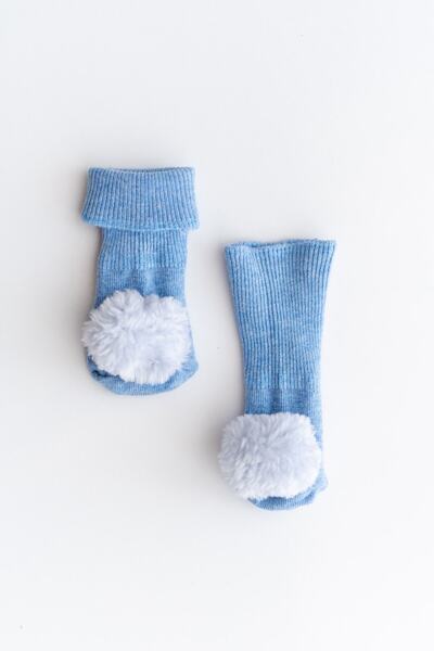 Nou Nou Mavi Unisex Bebek Peluş Ponpon Aksesuarlı Çorap