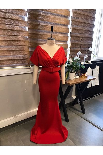 Secret Passion Lingerie ليكرا سكوبا نسيج فستان طويل قطع السمك فستان سهرة بحزام وفستان التخرج 686 582099