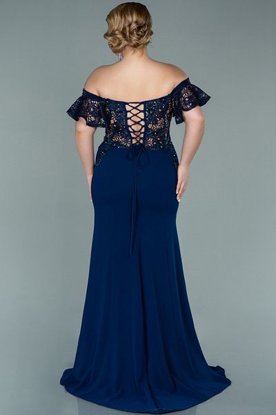 Abiyefon Navy Blue Lace Plus Size Evening Dress - Boat Neck and Back Low Cut, Long Abu2248