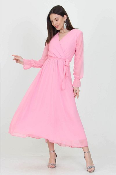 Neşeli Butik Rochie lungă din șifon, cu guler dublu, căptușită în pudră, sezon nou Nb003