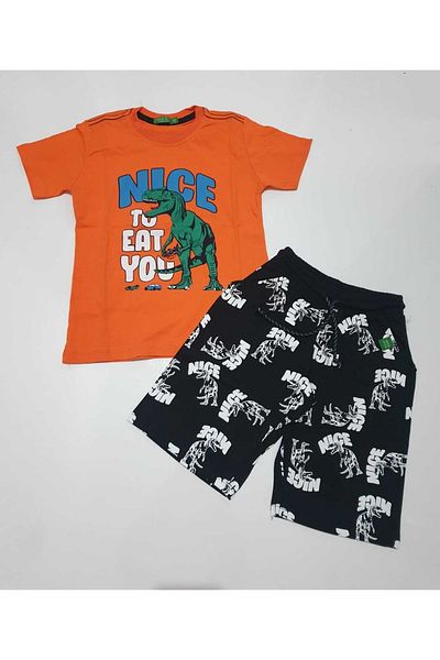 Karınca Dinosaur Printed Orange Color Men's Shorts Set