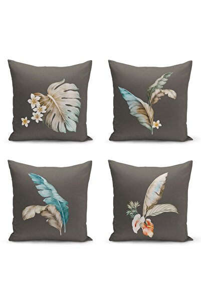 Nish & Royal 4-Piece Smoked Floor Colored Tropical Leaf Motif Pillow Throw Pi...