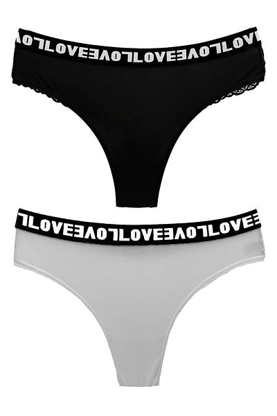 HNX Pachet de 2 chiloți de damă din bumbac elastic Love cu dantelă la spate