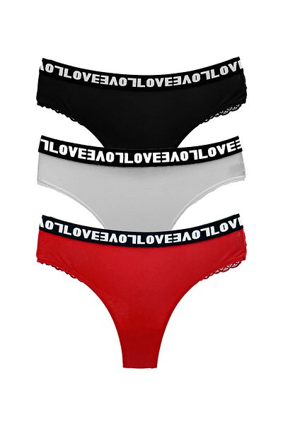 HNX Γυναικείο εσώρουχο 3 τεμαχίων Love ελαστικό βαμβακερό στρινγκ με δαντέλα