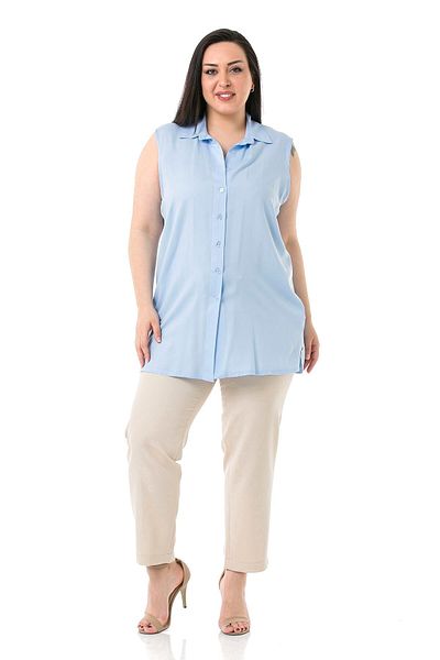 DISENTIS MODEST Plus Size Seitenschlitz Hemdkragen Ärmelloses Babyblaues Hemd