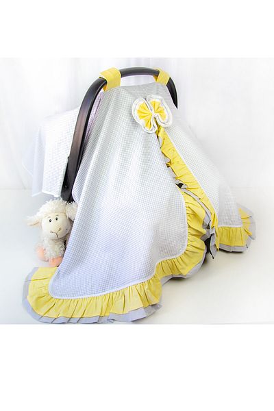 Babynest Single Stroller Cover 100% Cotton Double Layer Ruffled Gray Plaid and Yellow